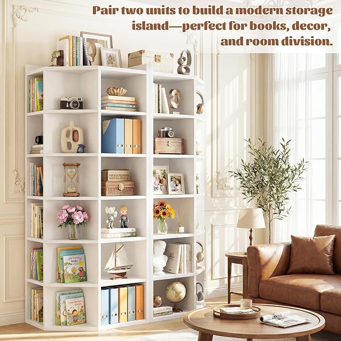 Aheaplus Corner Cube Book Shelf, 7-Tier Corner Storage Cabinet with Top Table, Corner Cube Storage Shelf for Small Space, Wooden L Shaped Cubby Bookcase for Home Office, Bedroom, Living Room, White