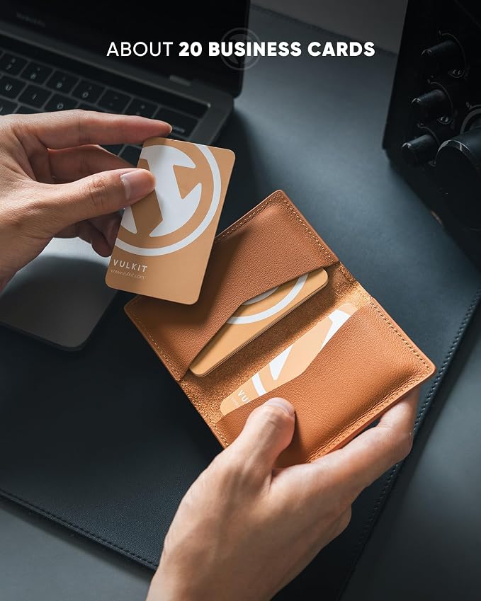 VULKIT Leather Business Card Holder 2 Sided Slim Business Name Card Organizer for Men or Women(Nappa Brown)
