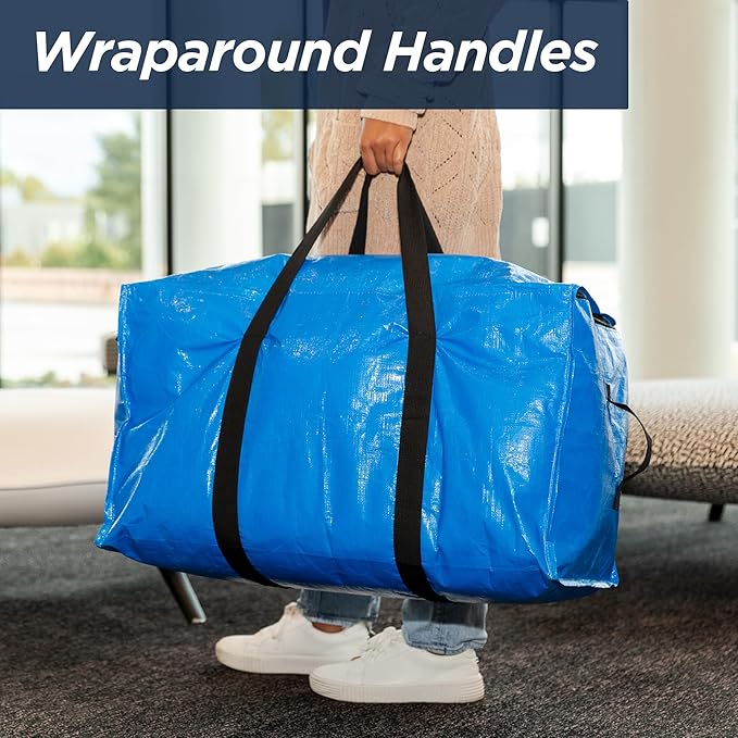 Blue Heavy Duty Extra Large Storage Bags with Zipper and Handles, 23 Gallon Capacity, 4 Pack