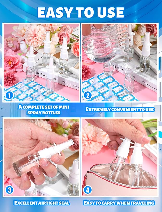 10 Pcs Nasal Spray Bottle, 10ML/0.35OZ Glass Transparent Empty Nasal Nose Spray Bottles Refillable with 2 Funnels and 2 Labels