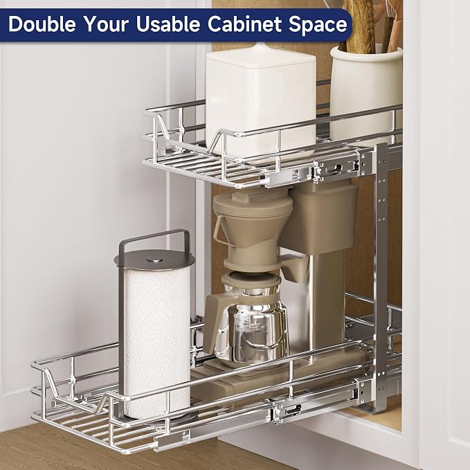 2-Tier Pull Out Cabinet Organizer, 5.5" W x 21.5" D, Heavy Duty Dual Slide Out Shelves for Narrow Base Cabinets, Chrome Wire Basket Drawer for Spices, Bottles & Snacks