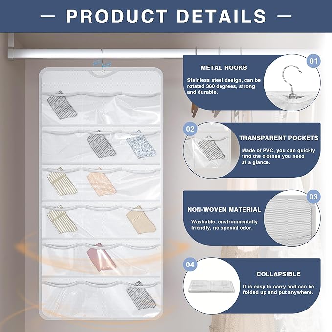 26-Pocket Hanging Organizer for Socks, Underwear, Bras, and Leggings, Dual-Sided Closet Storage for Lingerie and Kids’ Clothing, White