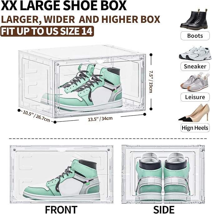 6 Pack Hard Plastic Clear Shoe Storage Organizer Boxes, White | Heavy Load Up to 80lb,Acrylic Magnetic Door,Stackable,Easy to Assemble,Dust-free,for Closet,Entryway,Under Bed,Small Space