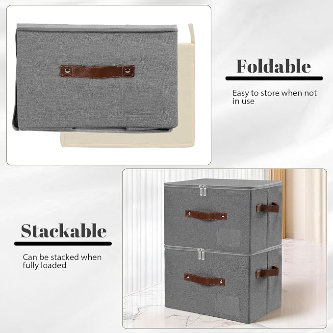 ANMINY Fabric Storage Box Bins with Zipper Lid, Washable Gray | Cotton Linen Fabric, PP Board Frame, Label Holder, Stackable & Foldable, PU Handles, Dual-Zipper 3-Side Open Lid, Medium