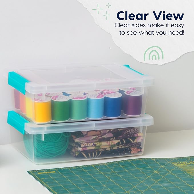 IRIS USA 2 Qt. Craft Storage Bins with Lids, 6-Pack, |Made in USA|, Clip Box, Small Plastic Sensory Bin Tote Organizer Containers for Art Supplies, Paper, & Office, Stackable - Clear/Seafoam Blue