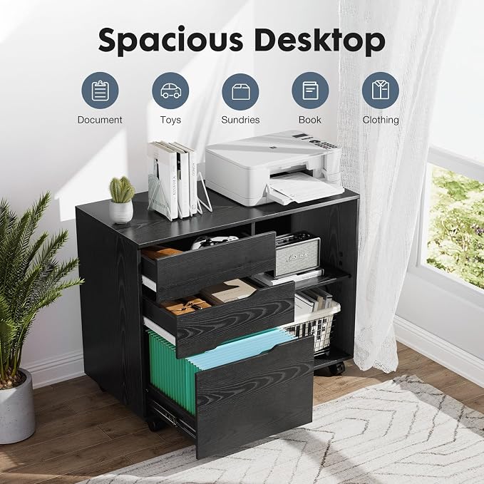 DUMOS Wood File Cabinet with 3 Drawers, Rolling Printer Stand | Under Desk Storage Organizer Home Office Space with Shelves for Files and Office Supplies, Rust