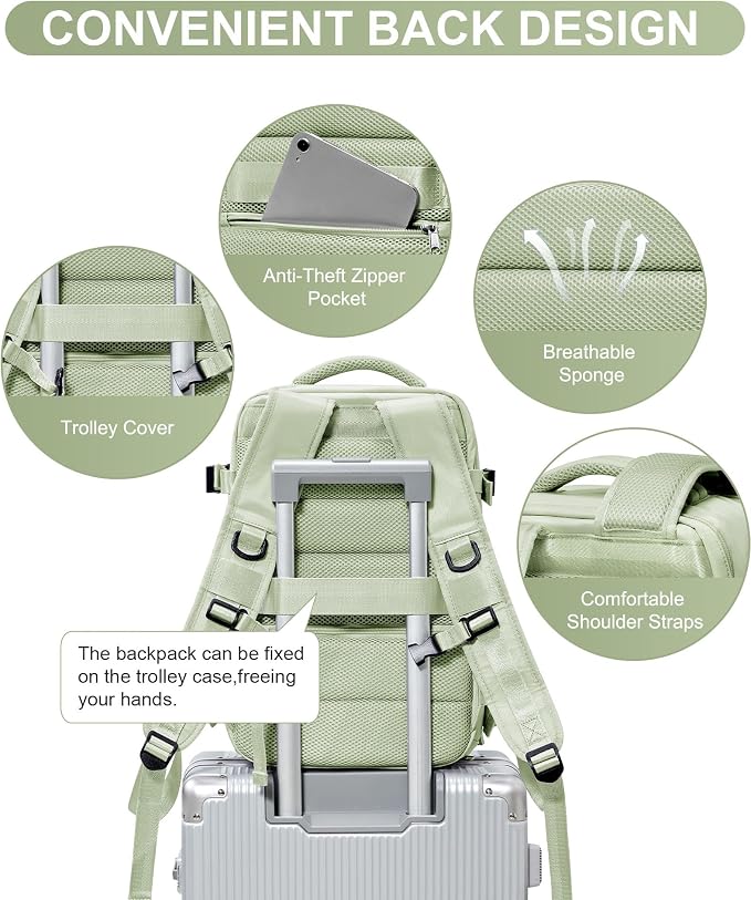 Travel Backpack Women,Carry On Backpack Flight Approved 18x14x8 inches Bag Spirit Airlines Personal ltem,College Sports Hiking Rucksack Waterproof Casual Daypack Laptop Blackpack Men, MintGreen