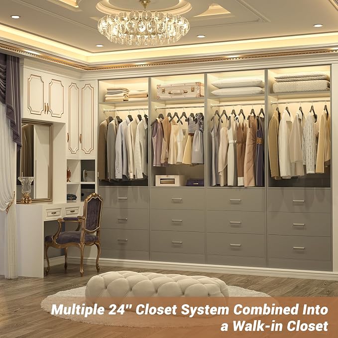 Besiost Closet System Set of 2, 4FT Closet Systems with 6 Wood Drawers, 48" Closet Organizer System with 2 Hanging Rods & 2 Shelves, Heavy Duty 48 Inch Walk-in Closet, Grey (48"L x 15" W x 80" H)