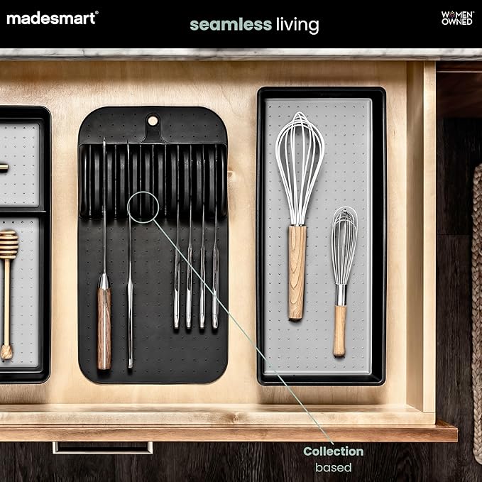 madesmart Premium Knife Mat, Soft-Grip Slot Organizer for 5 Knives, Non-Slip Drawer Insert Protects Blades and Drawers, Space-Saving Kitchen Knife Storage, Black