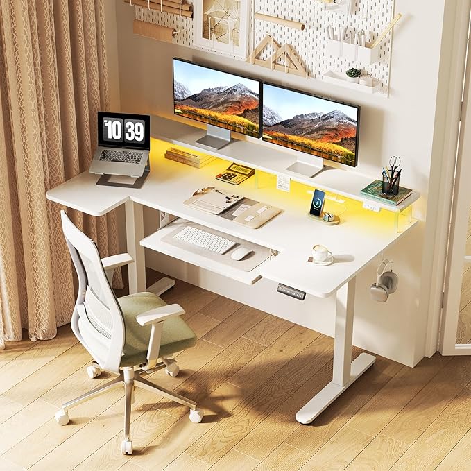 OffiGo 55 Inch U Shaped Electric Standing Desk with Keyboard Tray, White | 3 Outlets & 2 USB Ports, Dual-Monitor Stand, 10 Colors & 10 LED Modes, 3 Presets, 28.3"-46.5"in Range, 154 lb Capacity