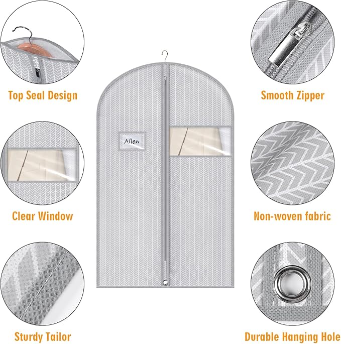 Syeeiex 40" Suit Bag, Set of 5 Garment Bags for Hanging Clothes, Suit Bags for Closet Storage, Garment Bags for Storage Suits,T-shirts, Jackets and Coats(Grey Arrow)