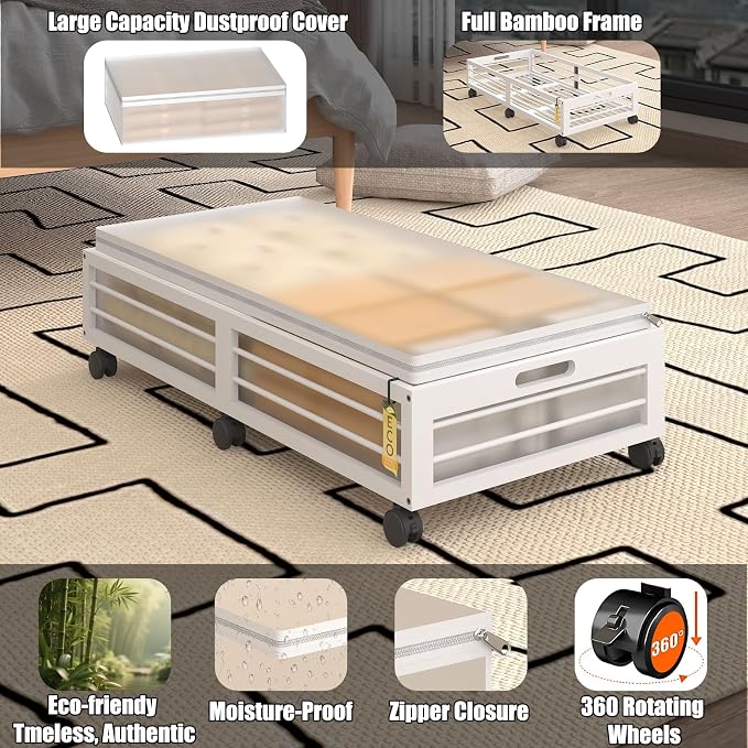 Underbed Storage with Wheels, 2 Pack Bamboo Containers for Shoes & Clothes | Dustproof bags protect contents. Stackable frames save space. 360° wheels provide smooth access to clothes, bedding and toys