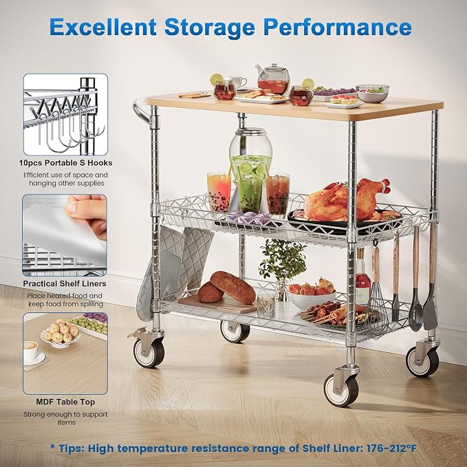 Rolling Kitchen Carts with Wheels, 3-Tier Utility Cart with Wood Tabletop | NSF Commercial Metal Serving Cart with Handle and Shelf Liner for Kitchen Snacks, 34"D x 17.5"W x 32.5"H,Chrome