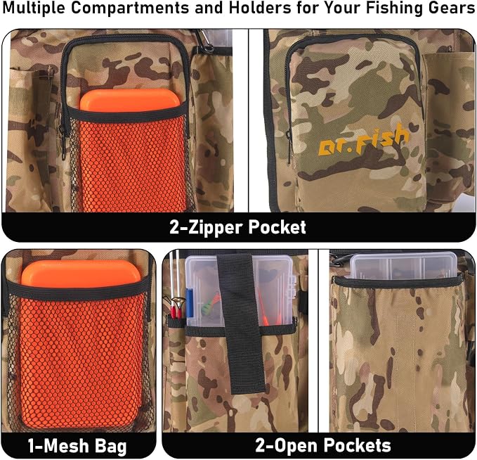 Dr.Fish 5 Gallon Bucket Tool Organizer - Adjustable Gear Bag with 6 Pockets and 2 Rod Holders for Ice Fishing Tackle Storage