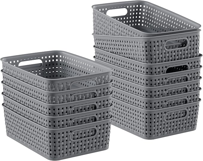12 Pack Plastic Storage Baskets, Small Baskets for Organizing, Plastic Storage Bins Wicker Pantry Organizer Bins Household Toys for Laundry Room, Bedrooms, Kitchens, Cabinets, Countertops | Plastic, Storage Bins, Wicker, Pantry Organizer, Household Toy...