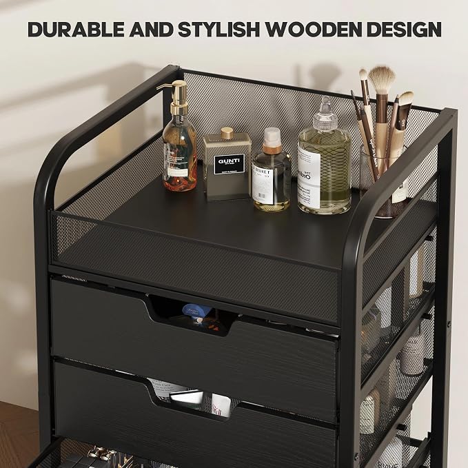 Makeup Organizer Cart with 4 Drawers, Vanity Storage Drawer Carts with Dividers, Nail Cart Organizer Cosmetic Display Cases Cabinet for Skin Care, Nail Polish, Perfume, Black