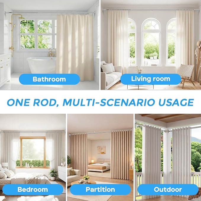 AIZESI 41-100 Inch Heavy Duty Silver Tension Curtain Rod - No Drilling, Adjustable, Rust-Proof for Outdoor, Living Room, Bathroom