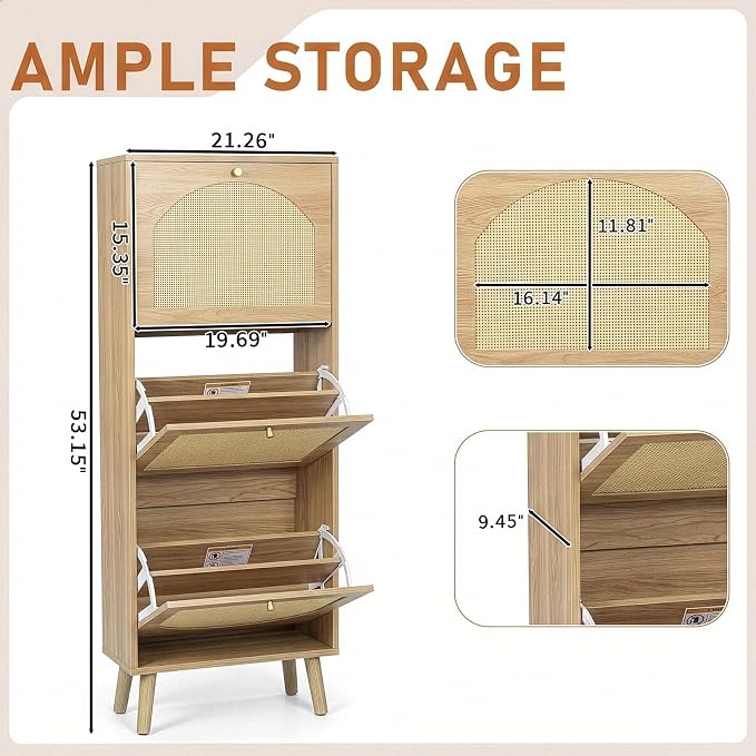 Karl home Natural Wood Rattan Shoe Cabinet, Entryway Storage Organizer | Hidden Shoe Rack with 3 Tilt-Out Compartments for Heels, Slippers and Casual Shoes, Space Saving Entryway Furniture