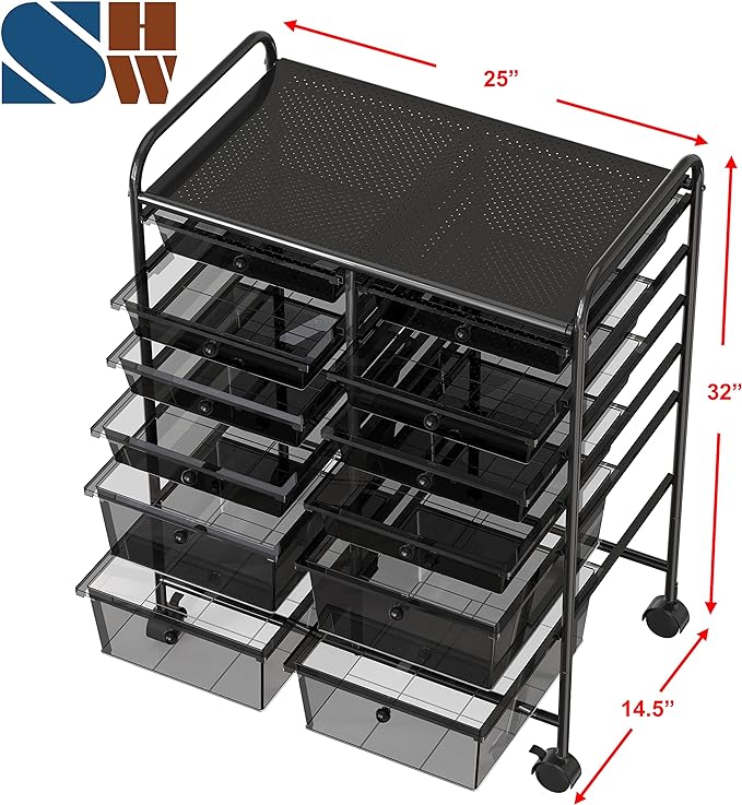Simple Houseware 12 Drawers Rolling Utility Cart Organizer, Black | 2-Column, 32" Height, Lockable Wheels, for School, Office, Art Craft, and Paper Storage