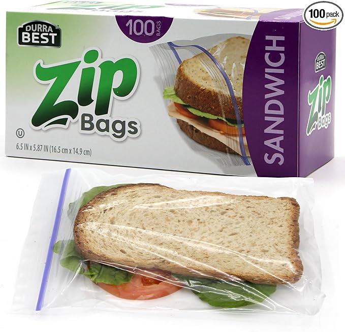 Sandwich Zip Bags - 100 Count | Leak-Proof, Freezer Safe & Reusable Food Storage Bags for Lunch & Snacks | Durable BPA-Free Seal | DURRA BEST