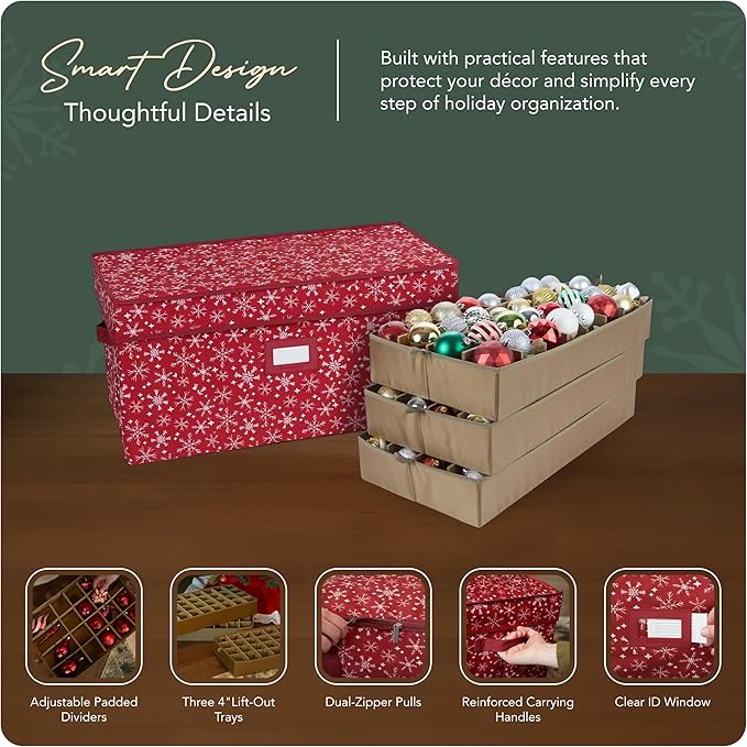 Covermates Keepsakes Adjustable Ornament Storage Box – Heavy-Duty Polyester, Padded Dividers & FlexGrid Trays – Protective Holiday Organizer with Stackable Walls & Label Window, Red Snowflake