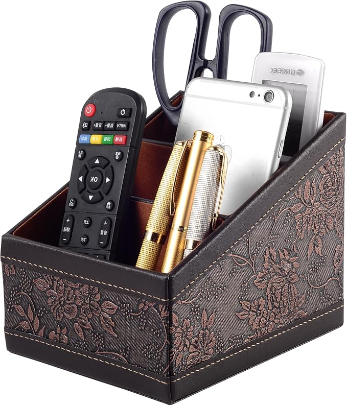 Fashionable PU leather TV remote control Holder with 3 compartments, Desk Caddy Organizer for DVD Cable Plus notepad and pen Chapstick Fingernail clippers Letter opener All in one Retro(2 pieces)
