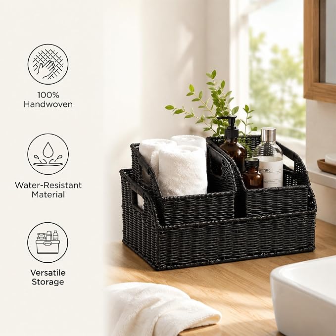Brownlily Wicker Pantry Storage Baskets with Chalkboard,Handwoven Baskets for Organizing with Built-in Handles, All-Purpose Storage Baskets for Shelves, Laundry Room, Black - Single Set (3-Piece)