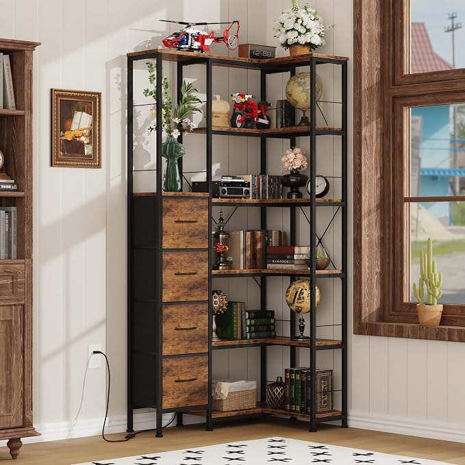 AFLUI 6-Tier Corner Bookshelf with LED and 4 Fabric Drawers | Corner shelf with left/right short side; LED light for home office, bedroom, living room