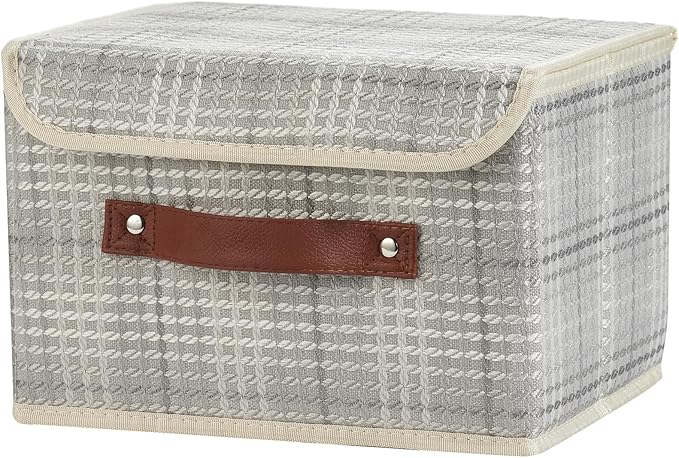 Storage Boxes with Lid 3D Textured Fabric Storage Bins Closet Organizer Containers Decorative Collapsible Washable Shelf Baskets with Faux Leather Handles (Silver Gray, Small Size)