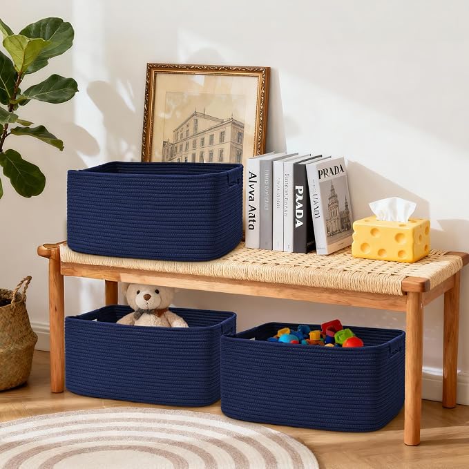 4 Pack Large Storage Basket for Organizing, 17.5"x13"x7" Woven Basket for Shelves, Closet Cube Storage Bins with Wrapped Handle, Cotton Rope Baskets for Kitchen, Clothes, Toys(Navy Blue)