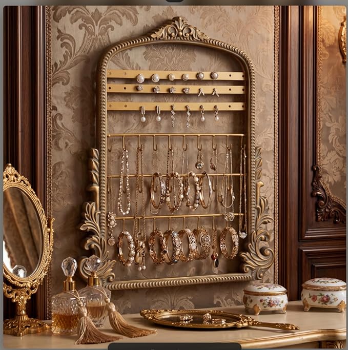 Wonderjune 20 x 15in Large Hanging Jewelry Organizer, Vintage Gold Arched Frame Earring Holder for Necklaces Rings Bracelets, Wall Mount Decorative Jewelry Rack for Vendors