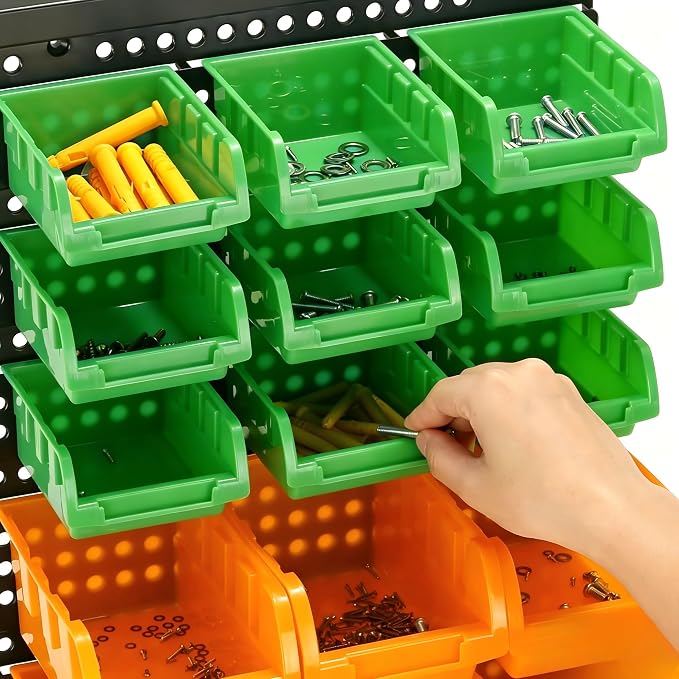 30-Bin Wall Mounted Storage Bins Kit, Tool Organizer Rack, Garage Hardware Organizer, Parts Storage Bins, DIY Combination 4 Set (Red & Green & Orange Type)