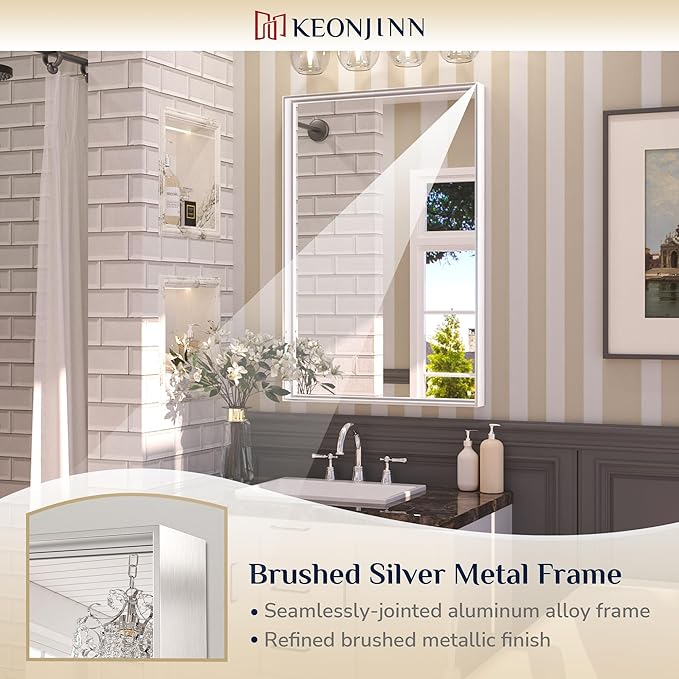 Keonjinn 16 x 24 Inch Brushed Silver Bathroom Mirror for Wall, Silver Rectangle Vanity Mirror, Modern Farmhouse Mirrors, Metal Framed Rectangular Square Corner Mirrors(Horizontal/Vertical)
