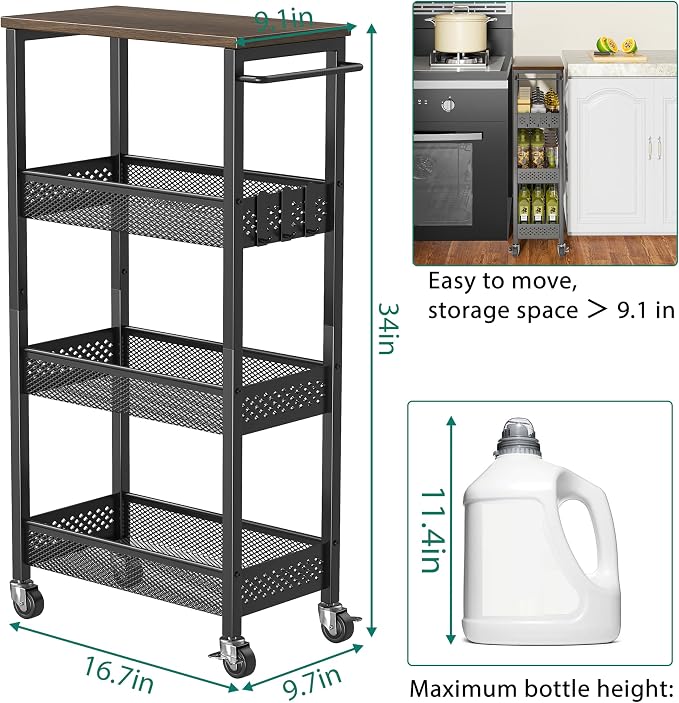 XYZLVSI Slim Storage Cart 4 Tier Fruit and Vegetable Baskets for Kitchen Small Space, Narrow Laundry Cart on Wheels with Wooden Top and Metal Handle for Pantry, Bathroom, Laundry Room