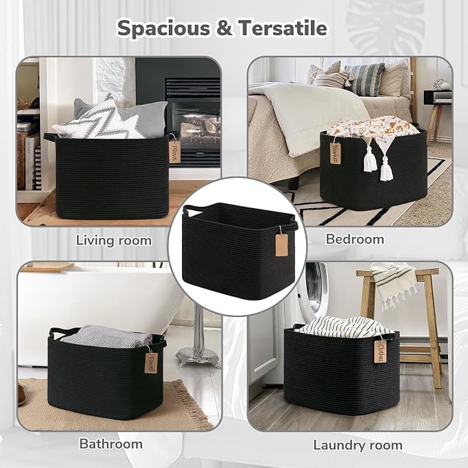 Goodpick Woven Storage Baskets for Organizing, 18" x 14" x 12" Rectangle Blanket Basket with Handles, Nursery Cotton Rope Basket for Living Room, Bedroom, Black