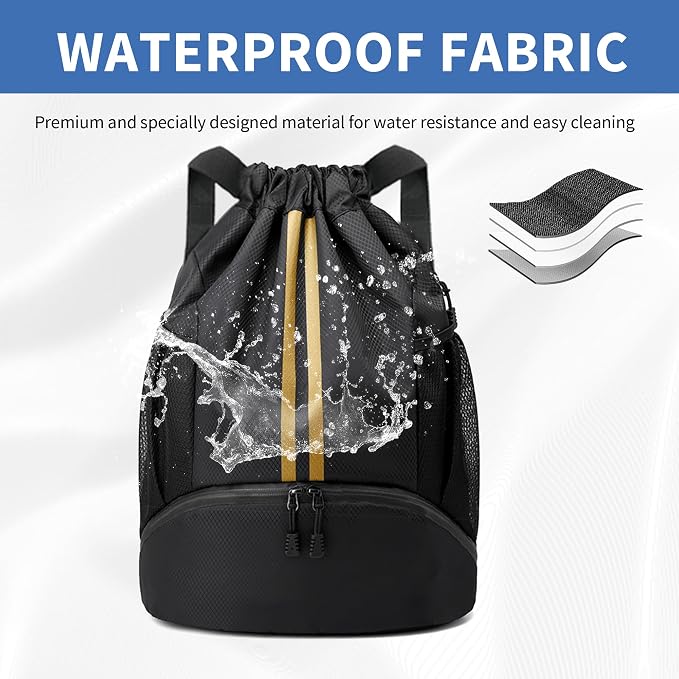 JELUTAR Drawstring Backpack Gym Bag with Shoes Compartment for Soccer, Basketball, Swim, Water-Resistant String Backpack Beach Cinch for Women Men, Black Gold