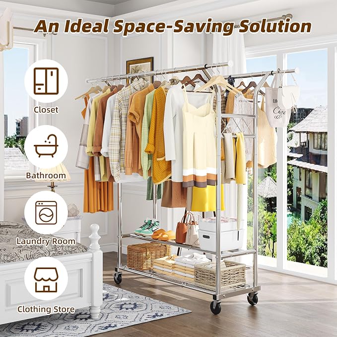 Simple Trending Heavy Duty Clothing Clothes Rack for Hanging, Rolling Double Rod Garment Rack Organizer with Wheels Load 620 LBS, Chrome