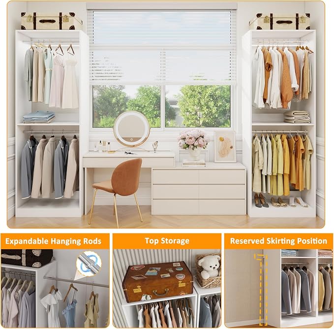 Closet System 4FT-10.5FT, 6 Rods, 81" Tall, Modular | 2 Sets Wooden Closet Organizer System with 6 Expandable Rods, Double-Hang Design & Anti-Tip Baseboard Notch