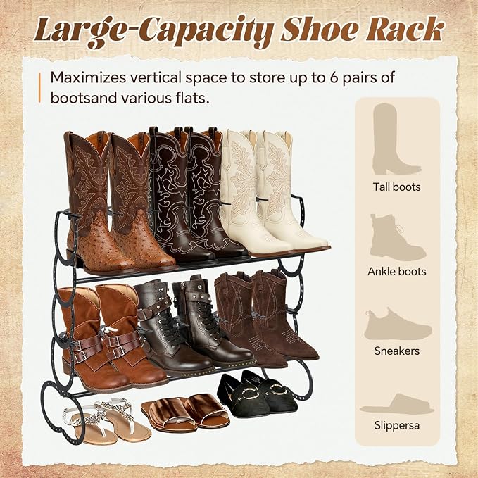 Cowboy Boot Rack 6 Pairs Horseshoe Boot Rack Cowboy Boots Storage Organizer Rustic Horseshoe Gifts Farmhouse Decor for Western Style Lovers Entryway Accessories (Two Level)