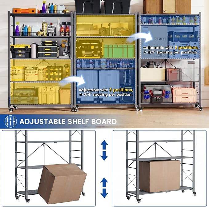 ALANNG 40" W Foldable 5-Tier Storage Shelves on Wheels Adjustable | Removable Metal Rack, Heavy Duty Rolling Organizer for Kitchen, Garage, Closet, Pantry, and Office (Grey,1 Pack)