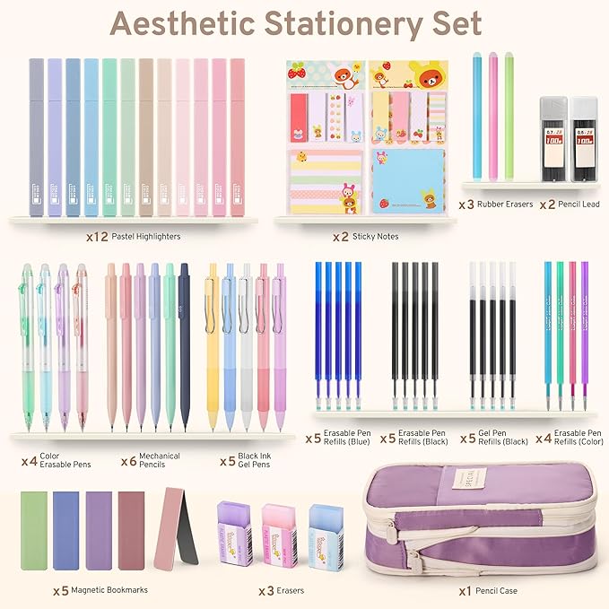 DazSpirit 62PCS Aesthetic Stationery Set with Pencil Case, No Bleed Highlighters, Gel & Erasable Pens, Mechanical Pencils, Refills, Cute College School Supplies for Note Taking, Journaling