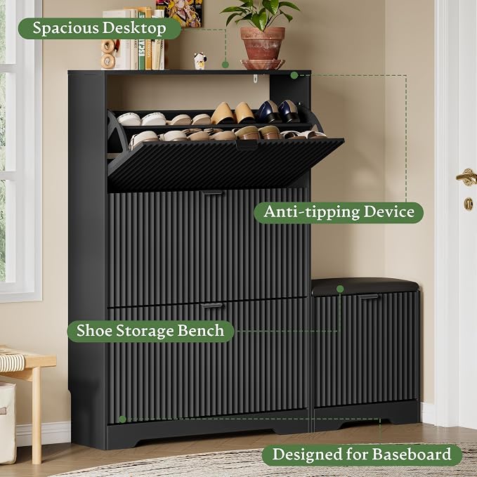 Xixini Shoe Storage Cabinet for Entryway with 3 Flip Drawers & Bench, Slim Wood Shoe Organizer with Modern Fluted Panel, Freestanding Narrow Shoe Rack for Front Door Entrance, Hallway, Foyer, Black