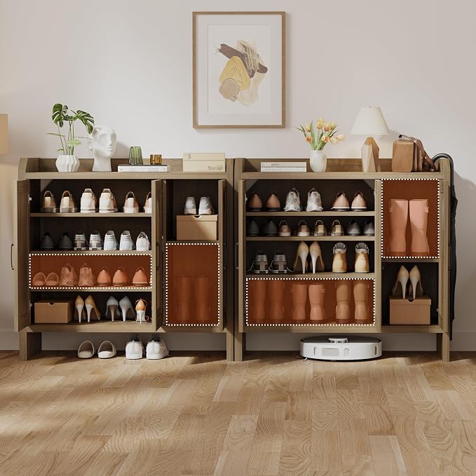 Mericonia Rattan Shoe Storage Cabinet, Farmhouse Shoe Cabinets Storage for Entryway, Boho Wooden Shoe Rack with 3 Doors for Entryway, Hallway (Natural, 3 Door)