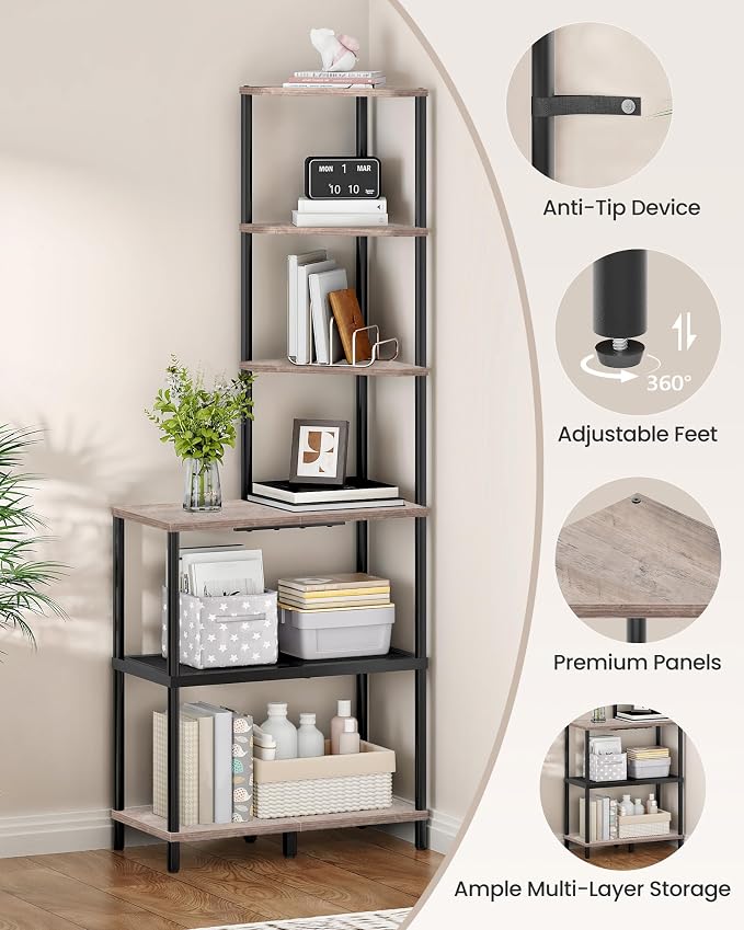 CHOEZON 6-Tier Corner Shelf, Industrial Corner Bookshelf with Desk Top, Diamond-Shaped Storage Shelves, Display Stand for Small Spaces, Living Room, Home Office, Foyer, Greige and Black TCJ70BG