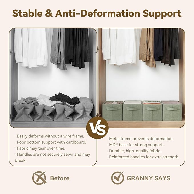GRANNY SAYS Storage Bins for Closet, Linen Closet Organizers and Storage Baskets with Metal Frame, Storage Bins for Organizing Living Room, Bedroom Wardrobe, Foldable, Sturdy, Sage Green, 2-Pack
