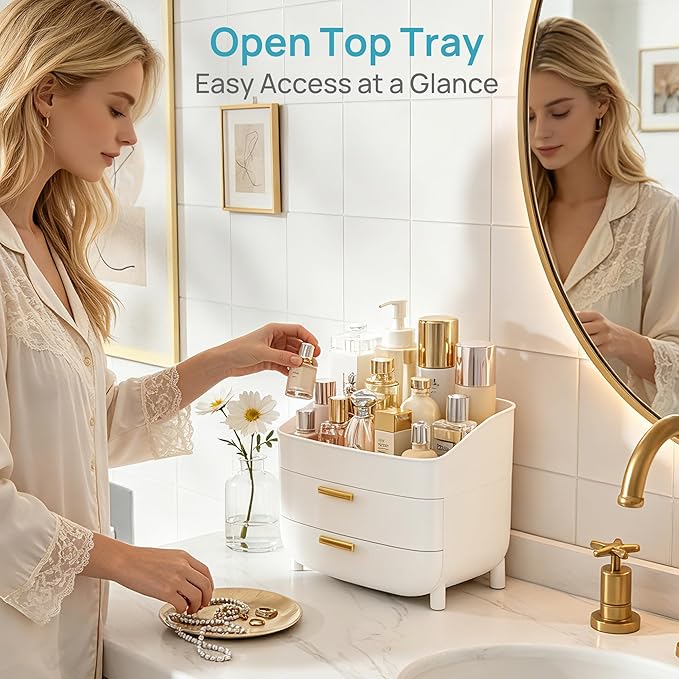 Vtopmart 3-Tier Skincare Makeup Organizer with Drawers, White | For Vanity,Dresser and Bathroom Countertop, Large Cosmetic Storage Box Case, , With Drawer, Non-Slip Base