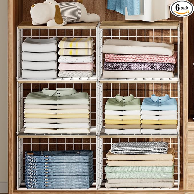 6 Pack Extra-Long Closet Organizers and Storage with Top Board, Stackable Closet Shelf Organizer, Double Storage Design, Clothes Storage Cube/Bin/Basket for Wardrobe, Space-Saving, White,Sturdy,Metal