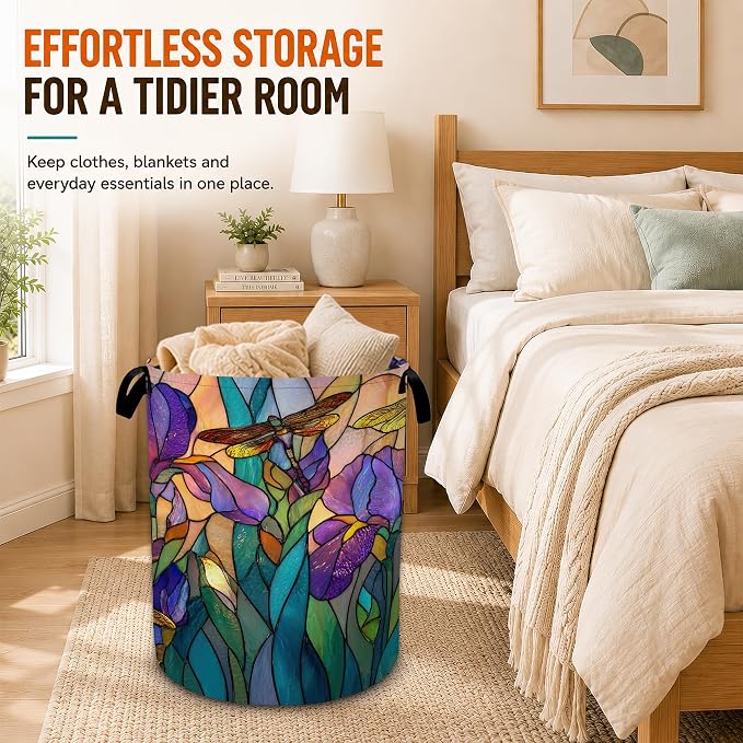 Tulip Dragonfly Glass Laundry Basket,Foldable Oxford Laundry Hamper with Handles,Portable Clothes Tote Bag Clothes Storage Bucket Organizer 20.8" x16" For Bathroom/Laundry Storage/Bedroom