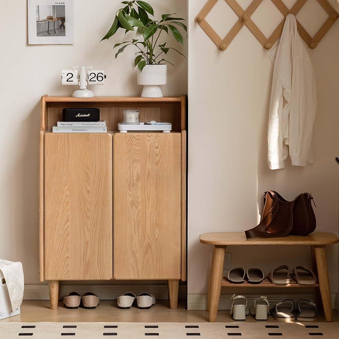 Solid Wood Shoe Cabinet with Doors, Shoe Storage Cabinet with 4-Tier Adjustable Shelves, Mid Century Modern Shoe Rack Cabinet for Entryway, Hallway, Oak Wood, 13.8" x 31.5" x 43.3" (Natural)