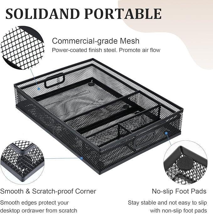 Desk Drawer Organizer, Office Drawer Divider Organizer Tray 3 Pack, Metal Mesh Desktop Organization and Accessories for Stationery Makeup Kitchen Toolroom Office